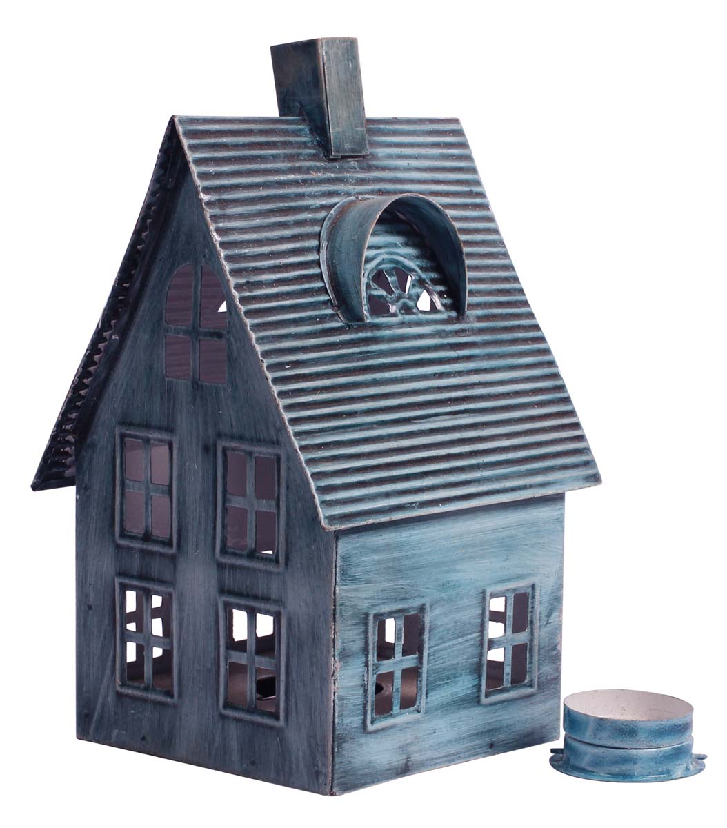 Hut-Shaped Tea-Light Candle Holder - Distressed Blue Finish - Metal Votive Candle Stands - Exclusive Candle Decor from India - Buy in Bulk Wholesale